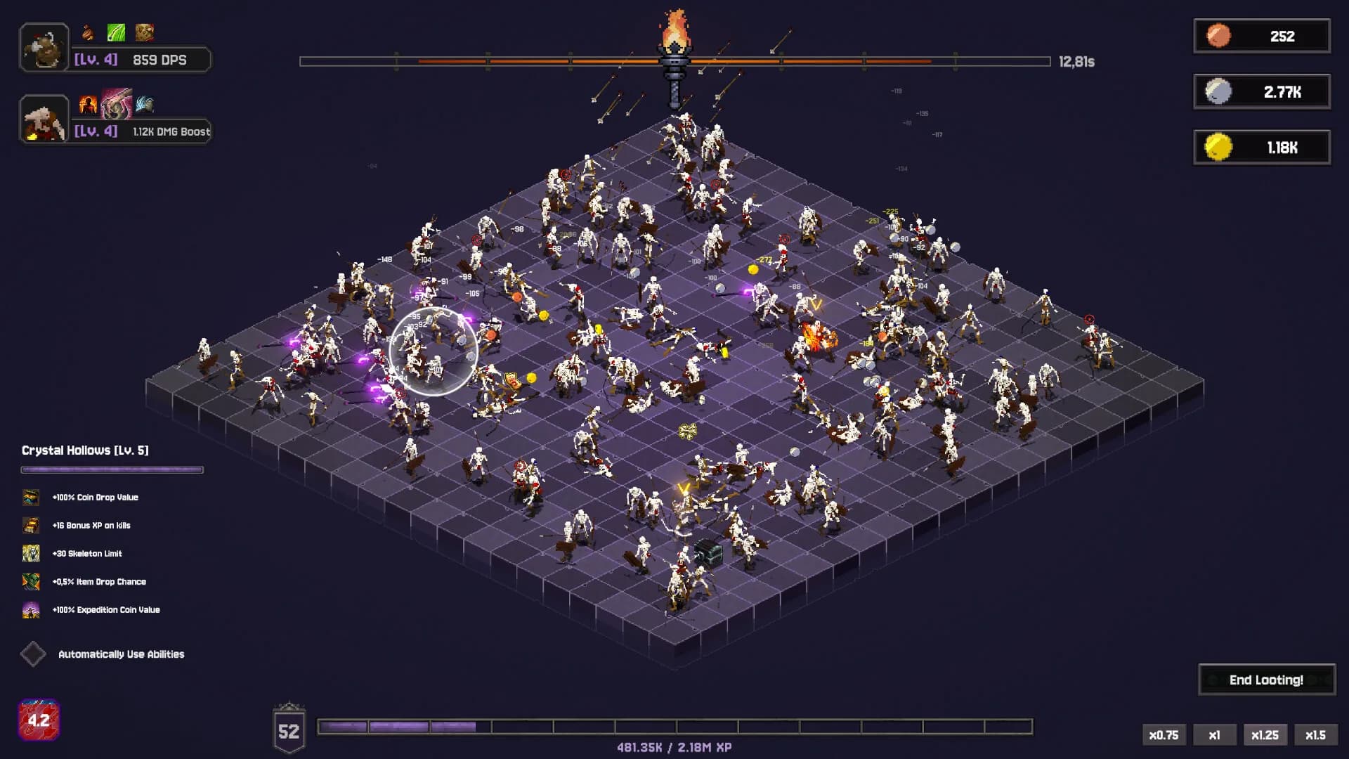 Bones and Coins, une salle de donjon saturee de squelettes
