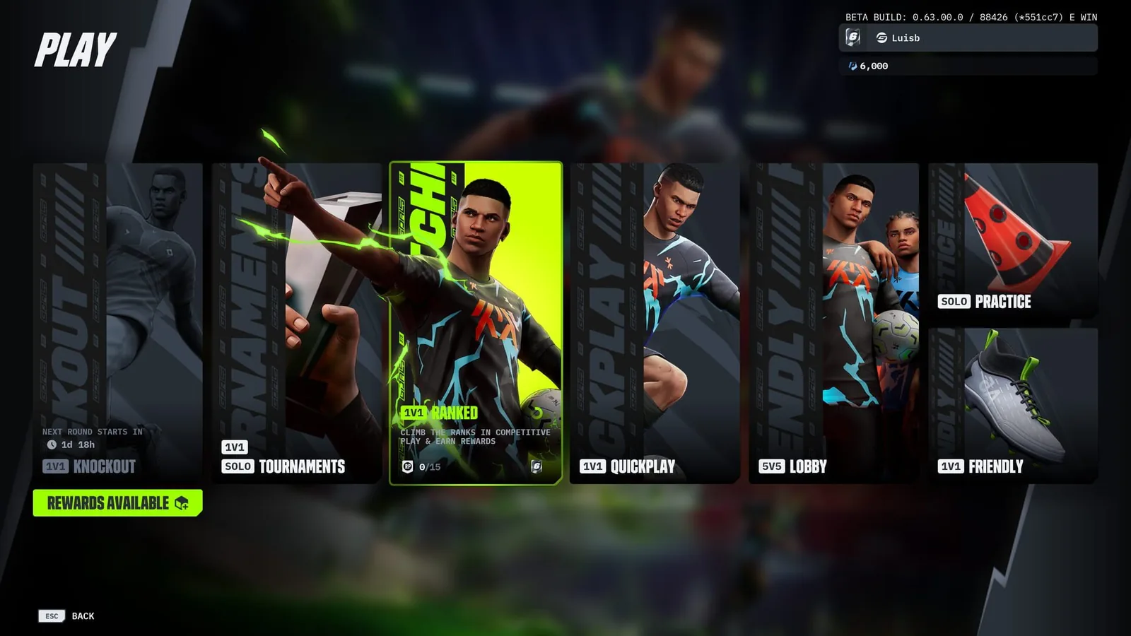 Le menu des modes: 1v1 classé, tournois, quickplay et un 5v5 encore à venir
