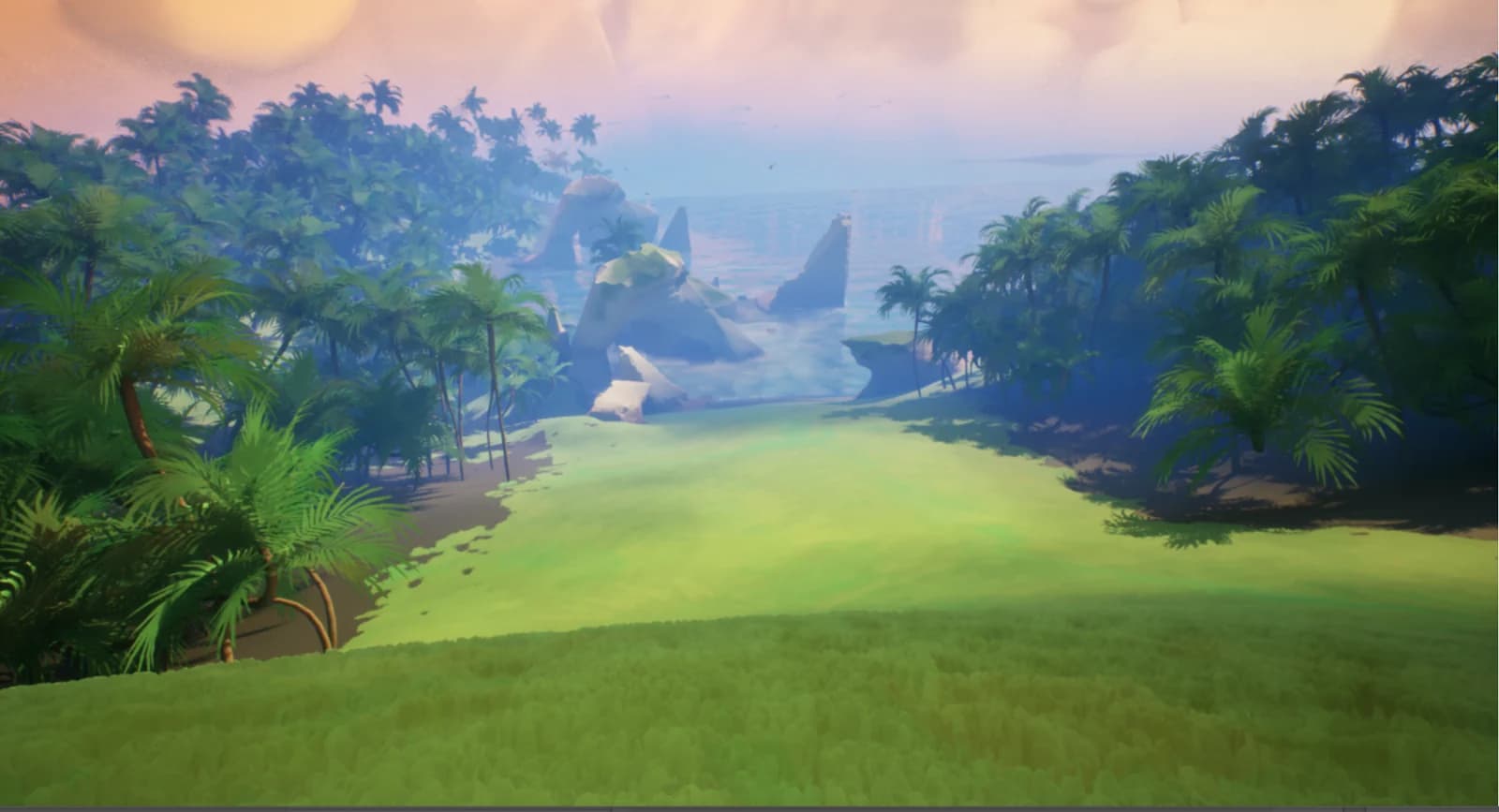 Une clairière luxuriante ouvrant sur la mer, dans le plus pur style du jeu