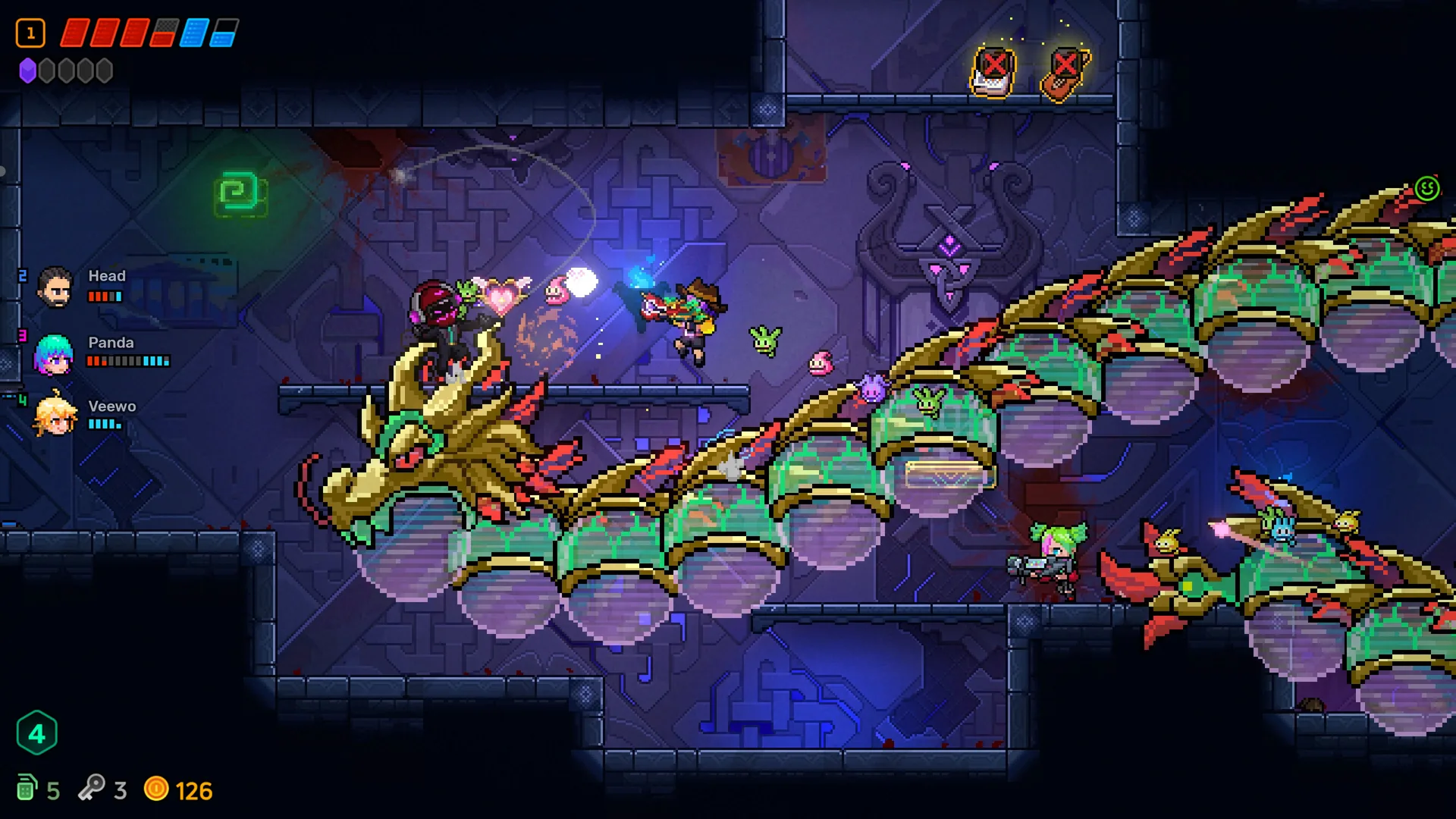 Neon Abyss 2 : la coopération à quatre, où seul l'hôte débloque des trucs