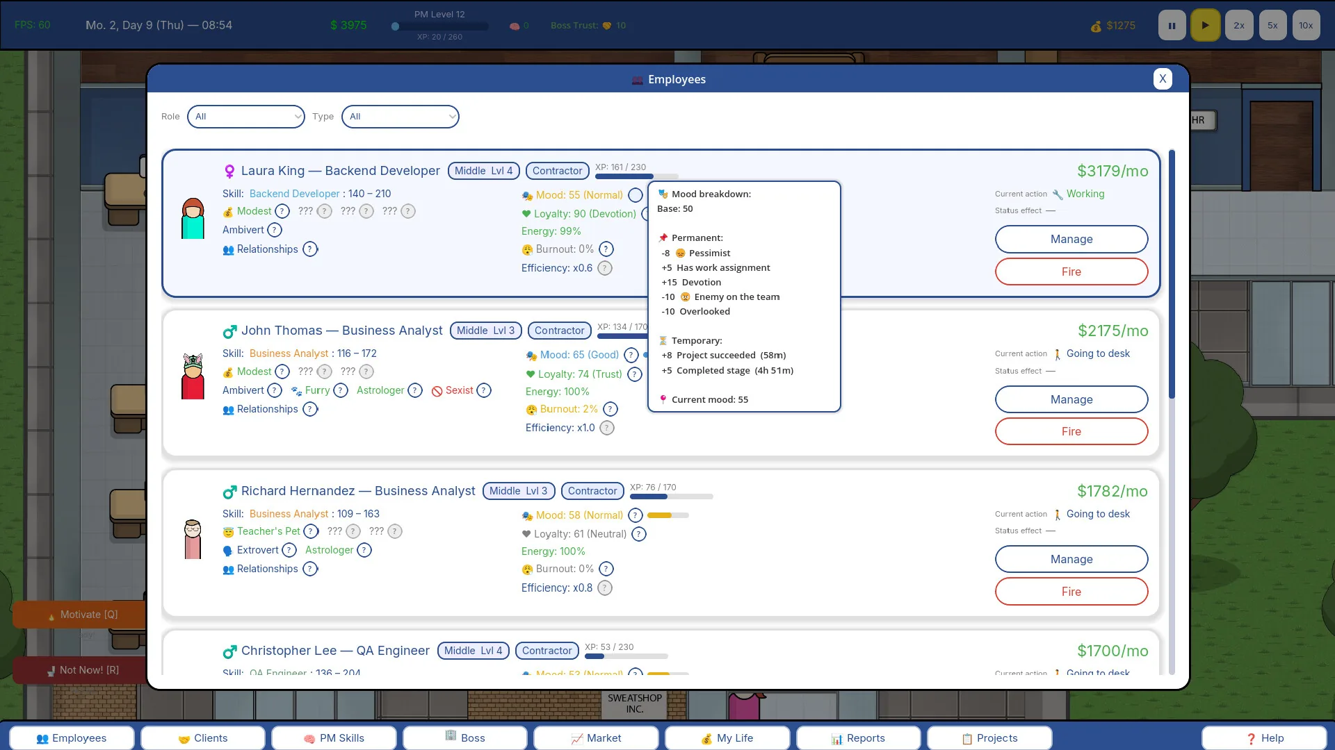 Project Manager SIM, la fiche d'un employé avec ses traits et son humeur
