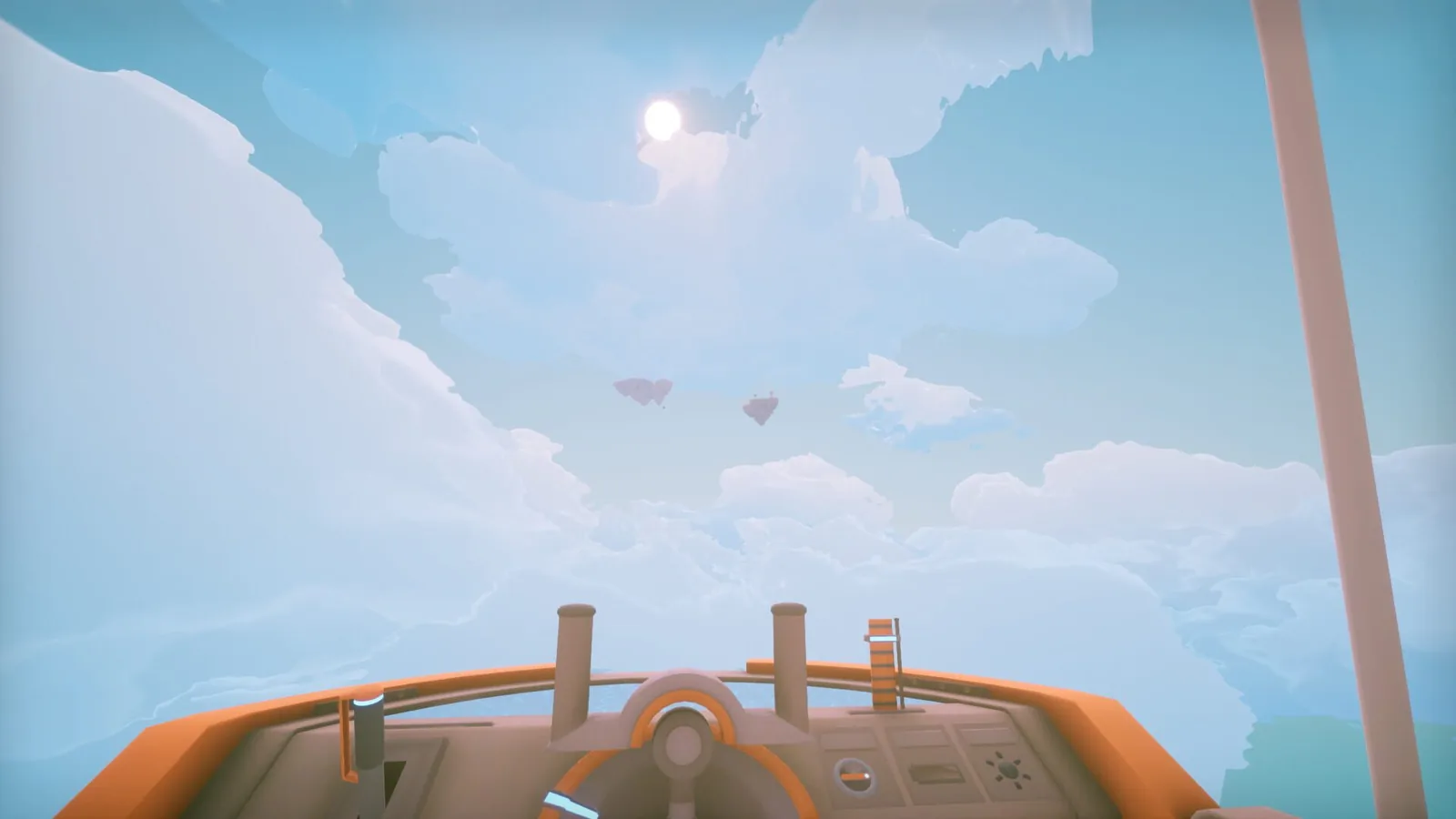 At the airship's controls, between the floating islands